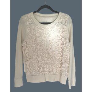 MERONA- WOMENS IIVORY PAISLEY CROCHET CREW NECK PULLOVER SWEATER TOP SIZE LARGE